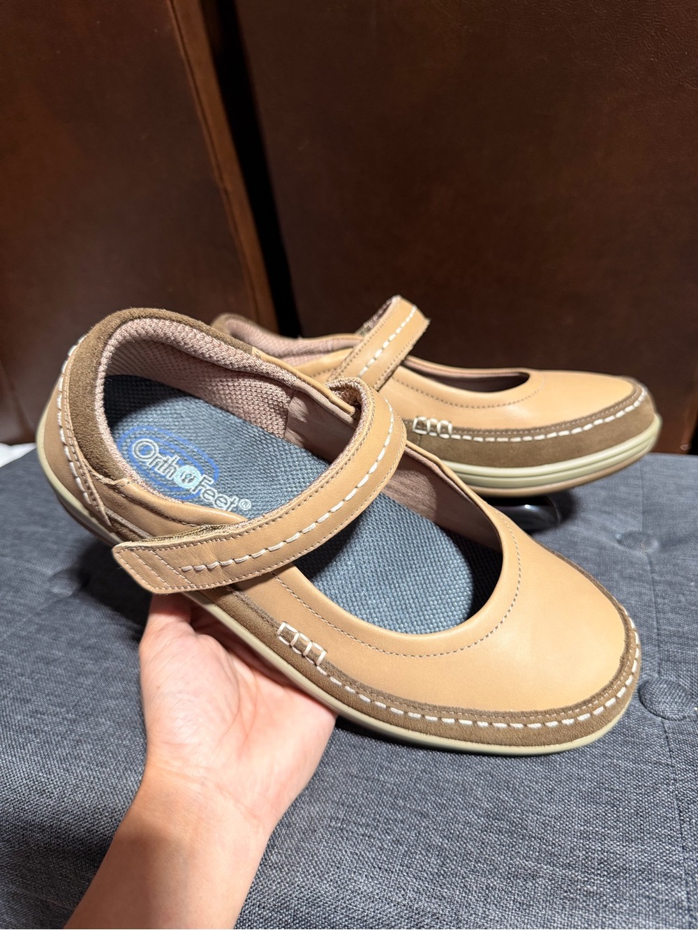 Orthofeet Leather Mary Jane Comfort Shoes Beige Tan size 7.5 Wide - Picture 2 of 8